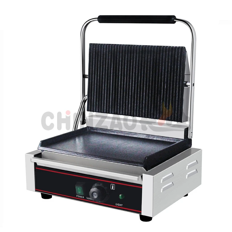 CHZ-820A Commercial Panini Sandwich Grill with Grooved Top and Smooth Bottom Plates
