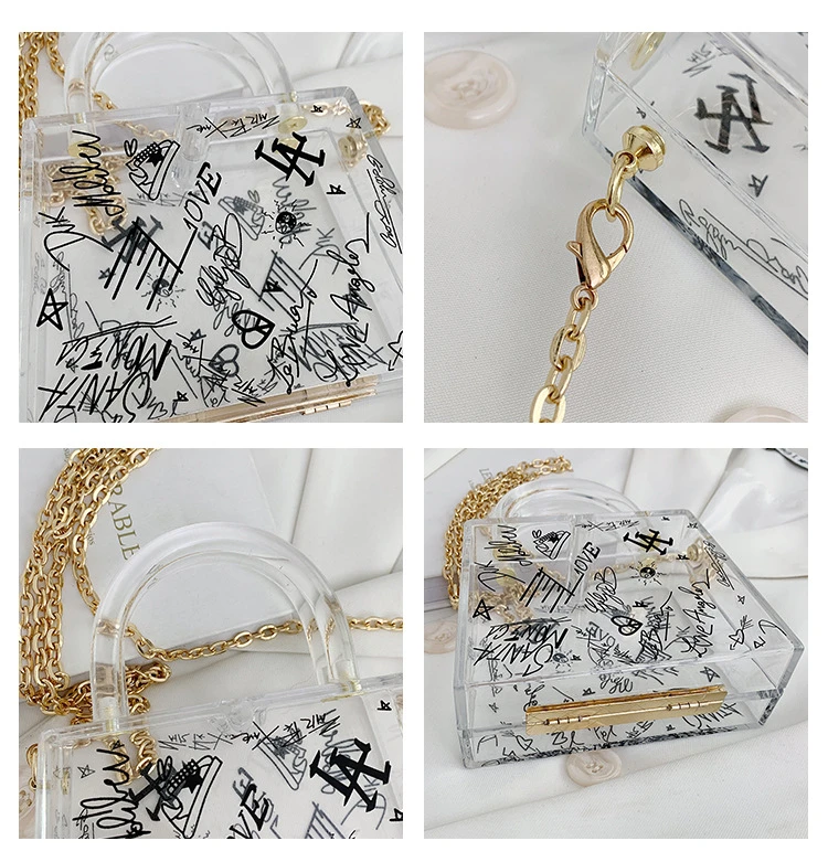 Clear Acrylic Jelly PVC Bag Luxury Trapezoid Box Transparent Handle Crossbody Bags Women Fashion Graffiti Candy Color Handbags