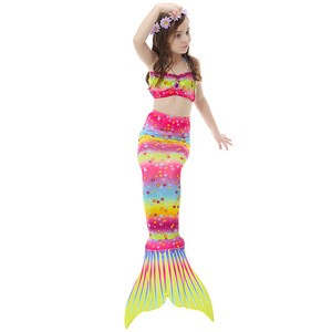 Colorful rainbow print latest design in stock available bandeau bra mermaid tail cute children swimsuit with swimming fins