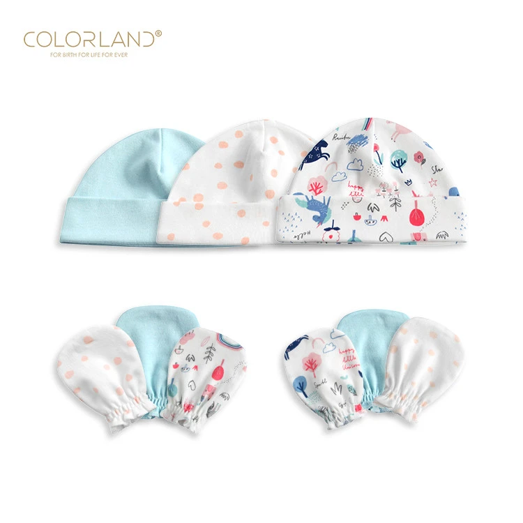 COLORLAND scratch mittens and caps set cotton baby hat with gloves for newborns