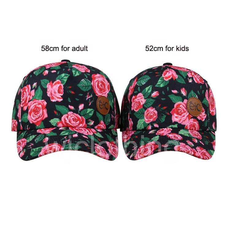 Custom Floral print leather patch 52cm girl kids baseball cap