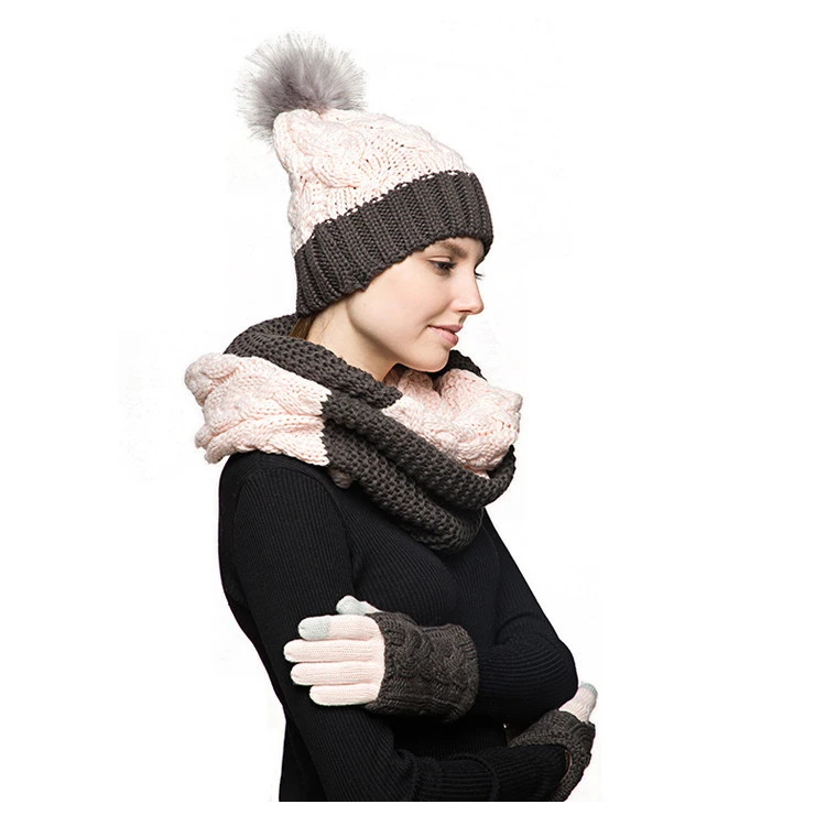 Custom High Quality Grey And Pink Stitching Gloves Scarf Hat Set