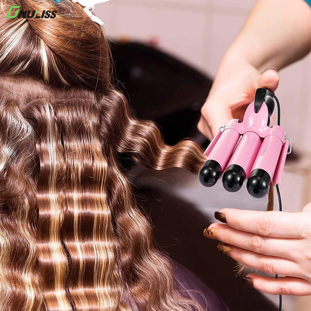 Custom Professional Hot Tools Electric Deep Wave Hair Curler And Straightener 2 In 1 Pink Wand Three Barrel Curling Irons