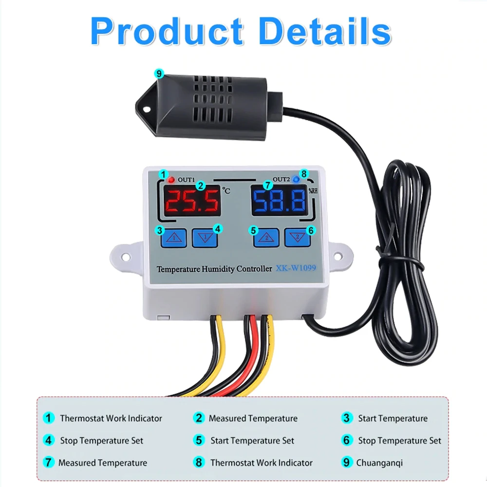 Digital Temperature Humidity Controller For Incubator Cooling Heating Switch Thermostat NTC Sensor AC110-220V XK-W1099