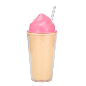 Double wall customized  plastic tumbler Ice cream cup with lid and straw