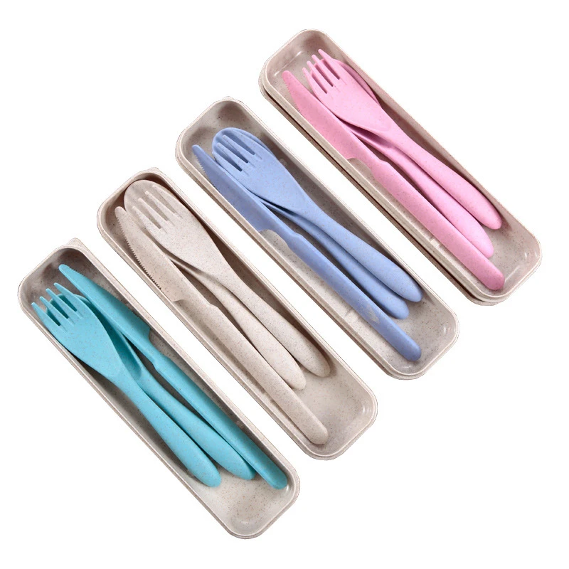 Eco-friendly Portable Straw Wheat Spoon Fork Knife Set Travel Plastic Cutlery With Box