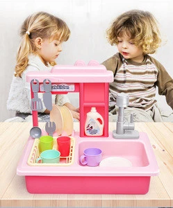 Electric Dishwasher Kitchen Sink Toys with Running Water Pretend Play Kitchen Toys Sets for Boys Girls with Waterproof Apron