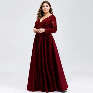 Elegant High waist fashion Splicing Long sleeve Sexy V-neck Long burgundy party women evening dress