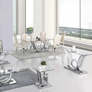 Europe  Style Glass Stainless Steel Dining Table  Chrome Dining Set With 6 White PU Chairs
