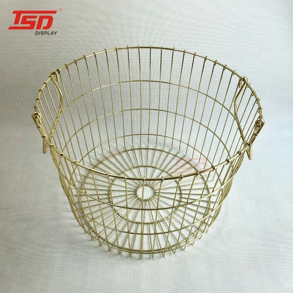 factory supply Large Round gold metal wire iron mesh storage  bin laundry basket with handle