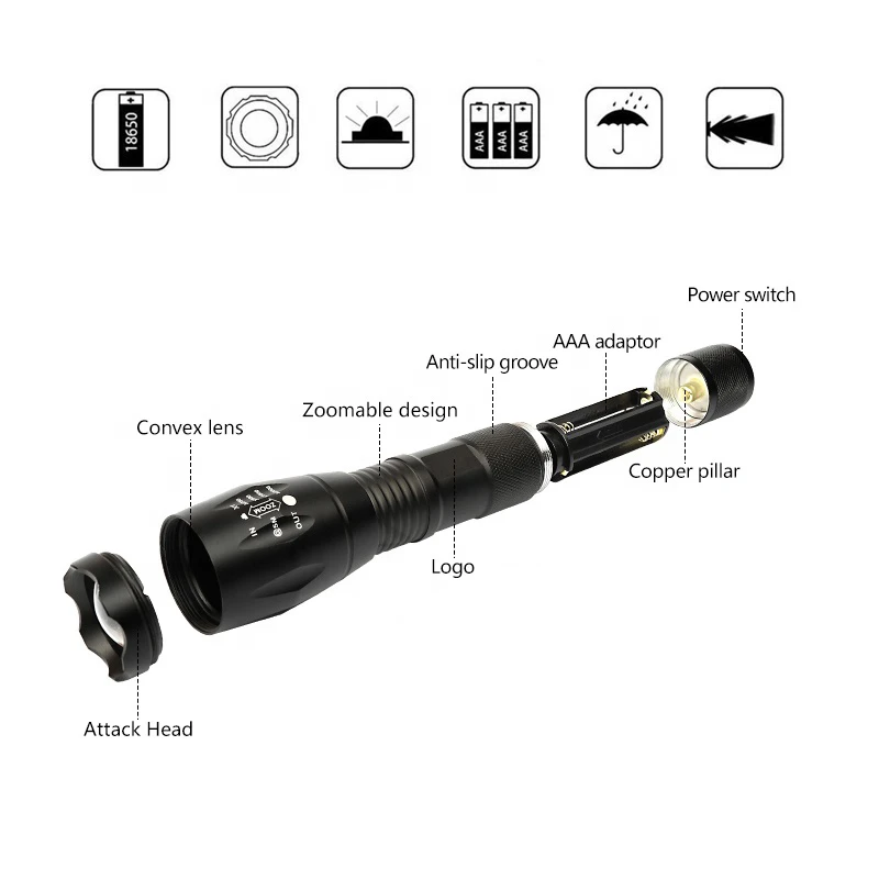 Factory Wholesale High Power LED Torch Flash lights Zoomable Waterproof Camp Light Rechargeable Camping Torch Flashlight