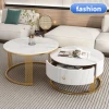 Fashion Design Modern Luxury Metal Frame Coffee Table 2 Piece Nested Marble Round Coffee Table