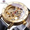 Forsining GMT1081-2 Royal Flower Carving Gear Golden Movement Transparent Black Watch  Genuine Leather Men&#39;s Mechanical Watches