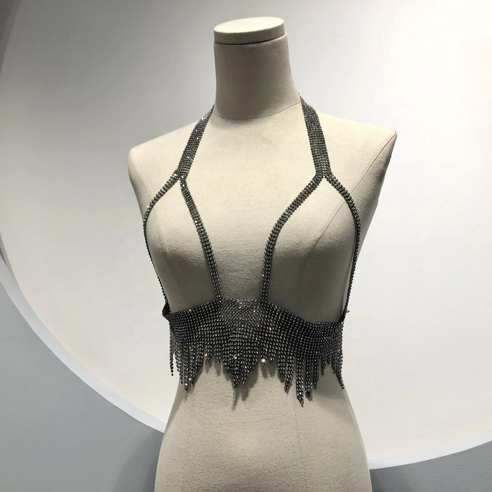 GC082 Fashion Black Crystal Body Chains Tassel top Chains Summer Beach Scarf dress club for Women