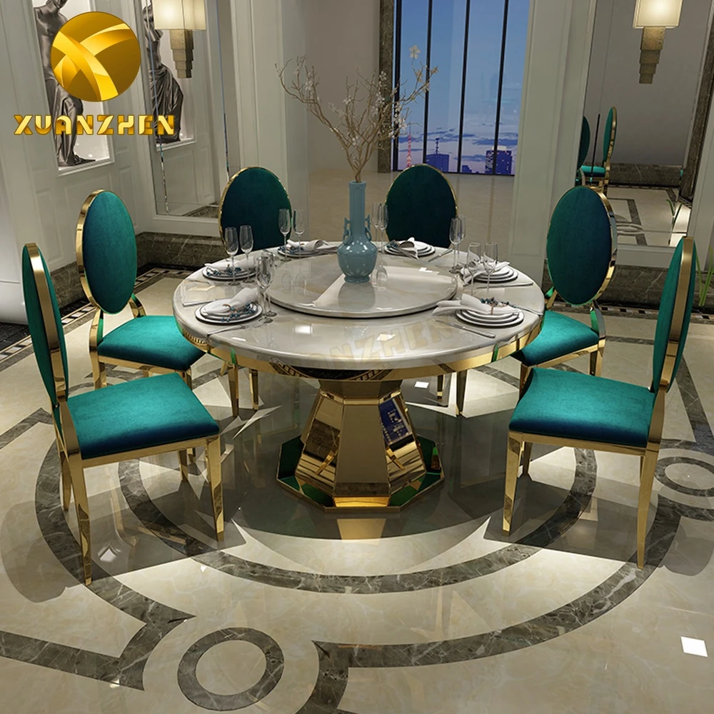 Home furniture marble dinning table set restaurant tables and green fabric chairs metal round dining tables DT008