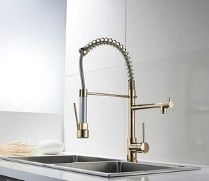 Homedec Gold Pull Down Kitchen Tap  Luxury brass Gold Pull Down Kitchen Faucet Full Brass Kitchen Deck Mounted Tap