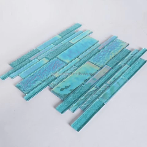 Iridescent Aqua Green Crystal Strip Glass Mosaic Backsplash Tile Swimming Pool Mosaic Tile