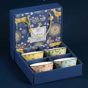 Jasmine Four-piece Japanese ceramic tableware gift bowl set Unglazed blue and white porcelain bowl set with red gift box