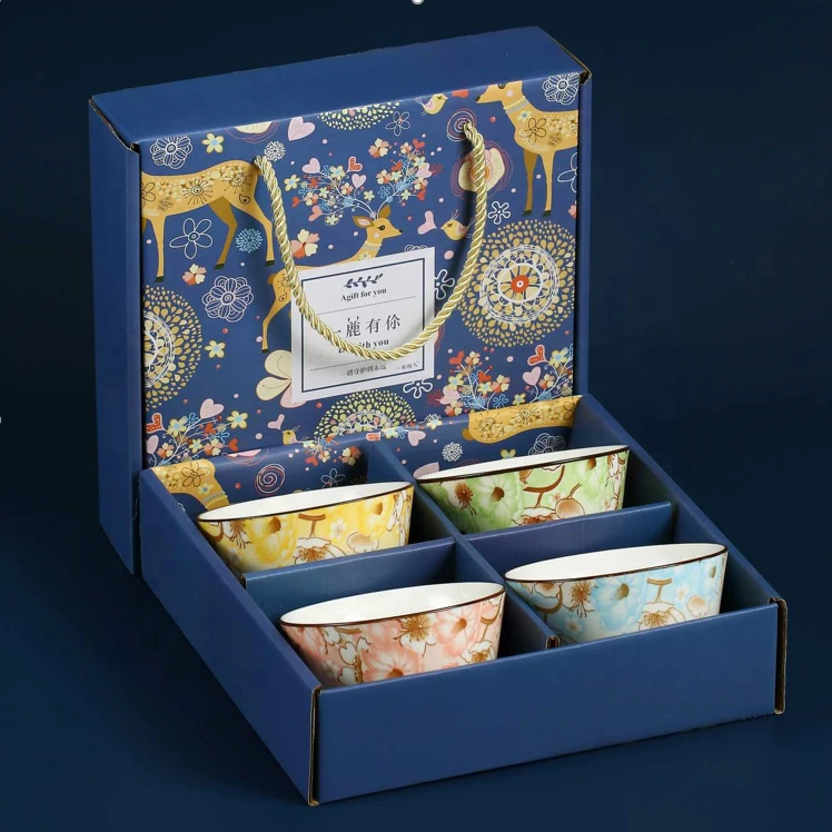 Jasmine Four-piece Japanese ceramic tableware gift bowl set Unglazed blue and white porcelain bowl set with red gift box