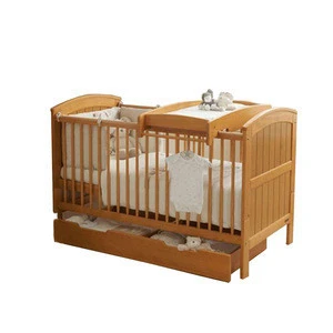 Kids bed room set solid pine wood baby crib with storage drawers in natural wood color