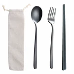 Korean 304 metal stainless steel camping gold cutlery knife fork spoon straw flatware set with bag