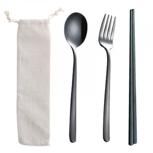 Korean 304 metal stainless steel camping gold cutlery knife fork spoon straw flatware set with bag