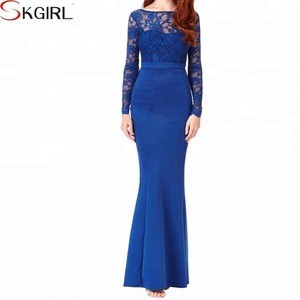 Lace Open Back Bow Long Sleeve Maxi Evening Fishtail Party Dress Prom