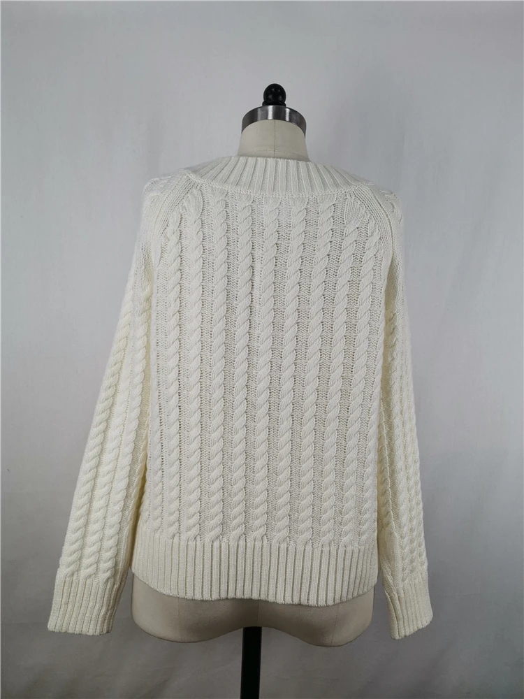Latest Women Winter 100%acrylic V Neck Chunky Cable Knit Pullover Sweater
