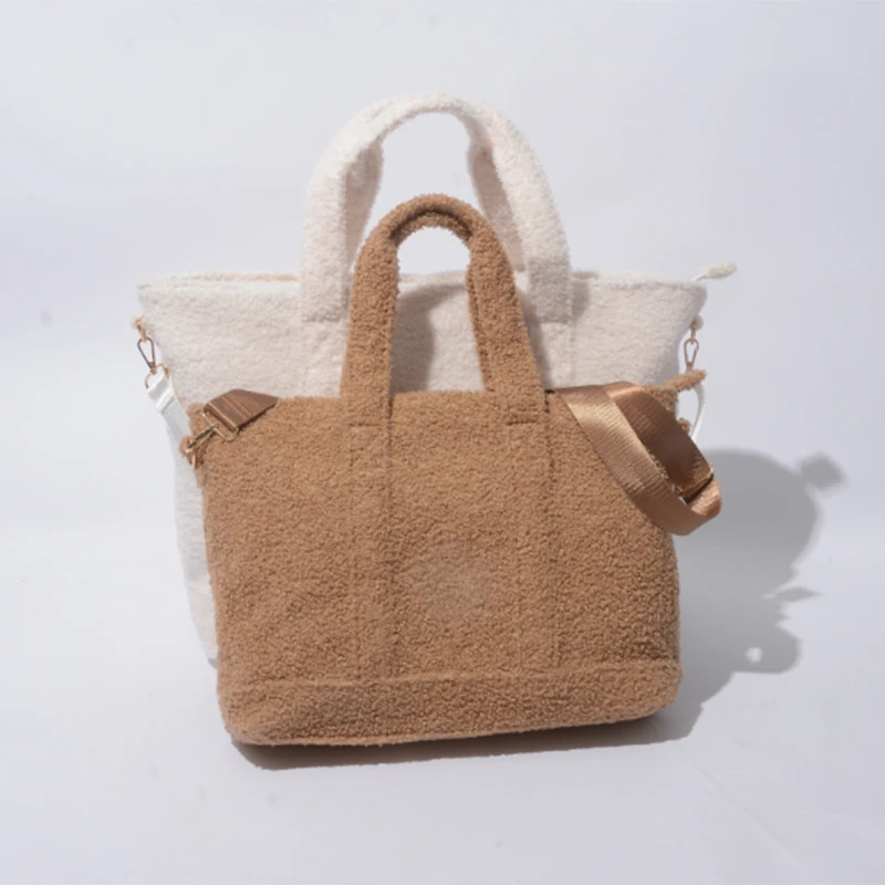 Low MOQ New Winter Portable Custom Design Teddy Plush Sherpa Large Tote Bag Girls Ladies Handbags Women Bags