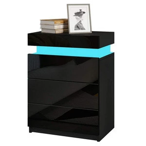 Modern Bedside Table with  3 Drawers High Gloss Nightstand Cabinet Black Bedside Cabinet Tables with LED light for Bedroom