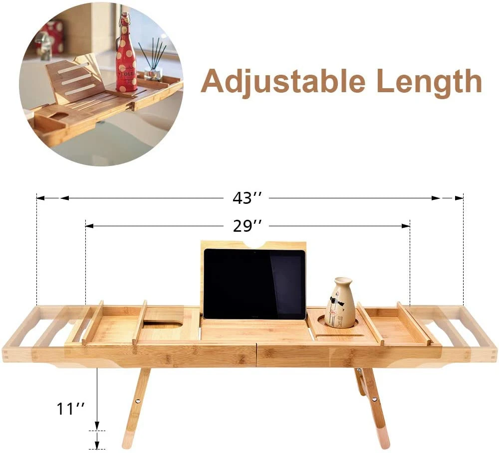 Multifunction Adjustable Bamboo Bathtub Caddy Tray & Laptop Bed Desk w/ 2 Foldable Legs