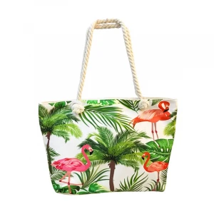 New designs big size tote bag large capacity beach bag customized tropical printing rope handbag