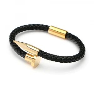 New Mens Fashion Stainless Steel Nail Genuine Leather Bracelet With Magnetic Clasp