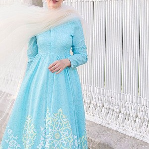 OEM Service Supply and Middle East Abaya Clothing Fashion Kebaya Islamic Clothing Light Blue Long Printing Maxi Dress