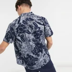 Original Penguin Tonal Indigo Floral Print Short Sleeve Shirt Regular Fit Summer Shirt in Navy