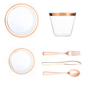 Plates Sets Dinnerware Rose Gold Rim Plastic Dinnerware Set 25Each=7.5&quot;Dessert Plate+10.25&quot;Dinner Plate+Knife+Fork+Spoon+9OZ Cup