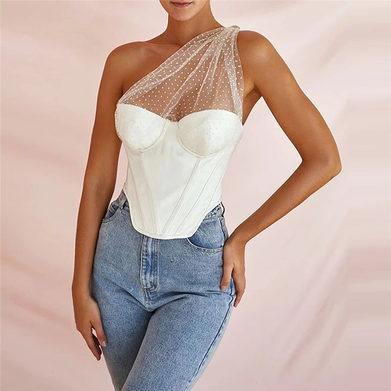 Polka Dot Draped Tulle Corset Top One Shoulder White Boning Cropped Blouse Summer Woman Shirts And Blouses Ladies Lace Tops