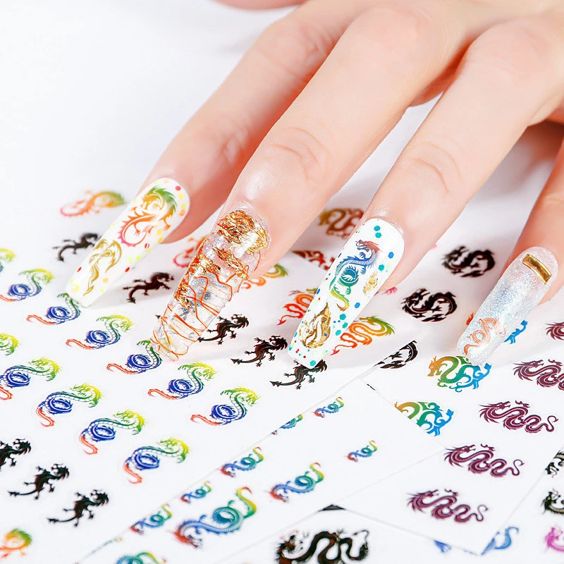 Popular Nail Supplies Press On Nails Private DIY Adhesive 3D Gold Brand Dragon Nail Stickers 2020