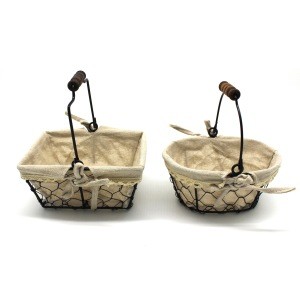 Primitives Country Chicken Wire Small Gift Baskets Gathering Baskets with Wooden Handle and Cotton Liner. Set of 2