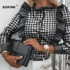 QC-ST20262 Lady fashion garment ruffle pu fabric fashion black apparel stock womens apparel 2020 vintage blouse
