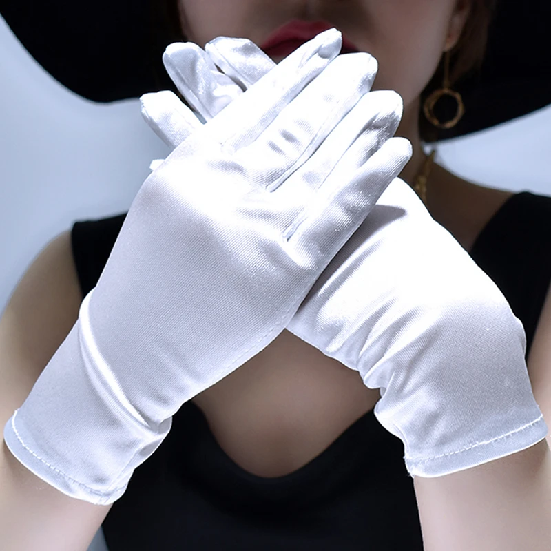 Quick Shipping Wholesale Fashion Popular Unisex White Party Wrist Short Satin Gloves With Stock