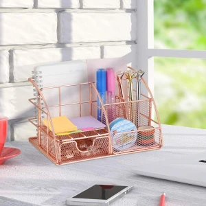 Rose Gold Desk Organizer with Drawer,File Tray and 4 Upright Sections for Pen,Marker,Paper etc, Mesh Metal Multi-Use Stationery