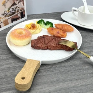 Round pizza tray modern dinner plate family restaurant ceramic soup pasta glazed tableware with anti-scalding wooden handle