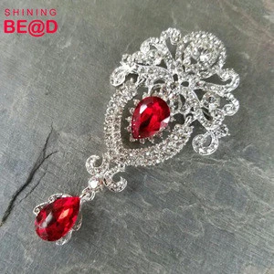 Silver Ornate Swinging Drop Pin Clear Red Crystal Broach Dangling Wedding Brooch Bouquet Embellishment