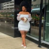 Solid Color Sexy Off Shoulder Dot Print Mesh Long Sleeve Plus Size Slim Dress For Women Casual Solid White Dresses