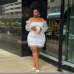 solid color  off shoulder dot print mesh long sleeve plus size slim dress for women casual solid white dresses