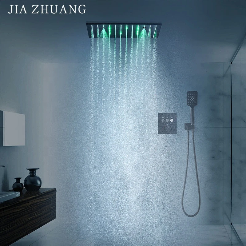 Support custom bath room 3 diverter valve color led rain spa shower head black handheld shower faucet with extension hose set