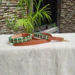 Top Quality - Polo Leather Dog Collar and Leashes - Argentinian Cow Leather - Green with White Strip Wax Thread Stitched