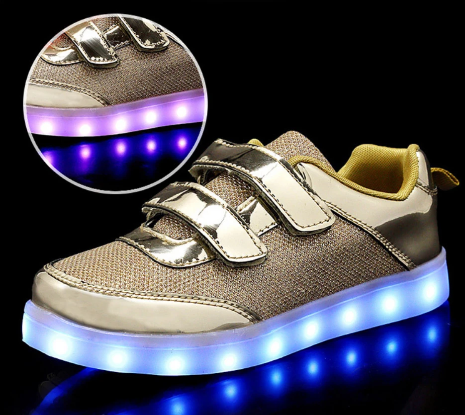 Unisex Flashing Kids PU Mirror Net Unisex Girls Shoes Low Top Casual Led Light Up Shoes