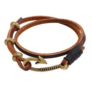 Vintage Creative Bronze Fishhook Charm Braided Genuine Leather Wrap Bracelet Men